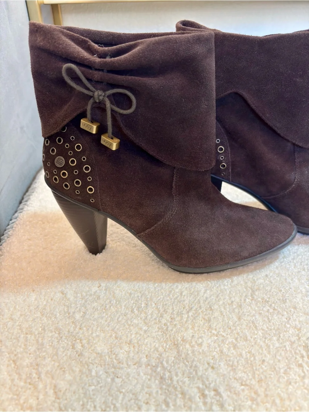 libby. edelman Dark Brown Suede Fold-Over Ankle Booties with Grommet Detail - Picture 6 of 8